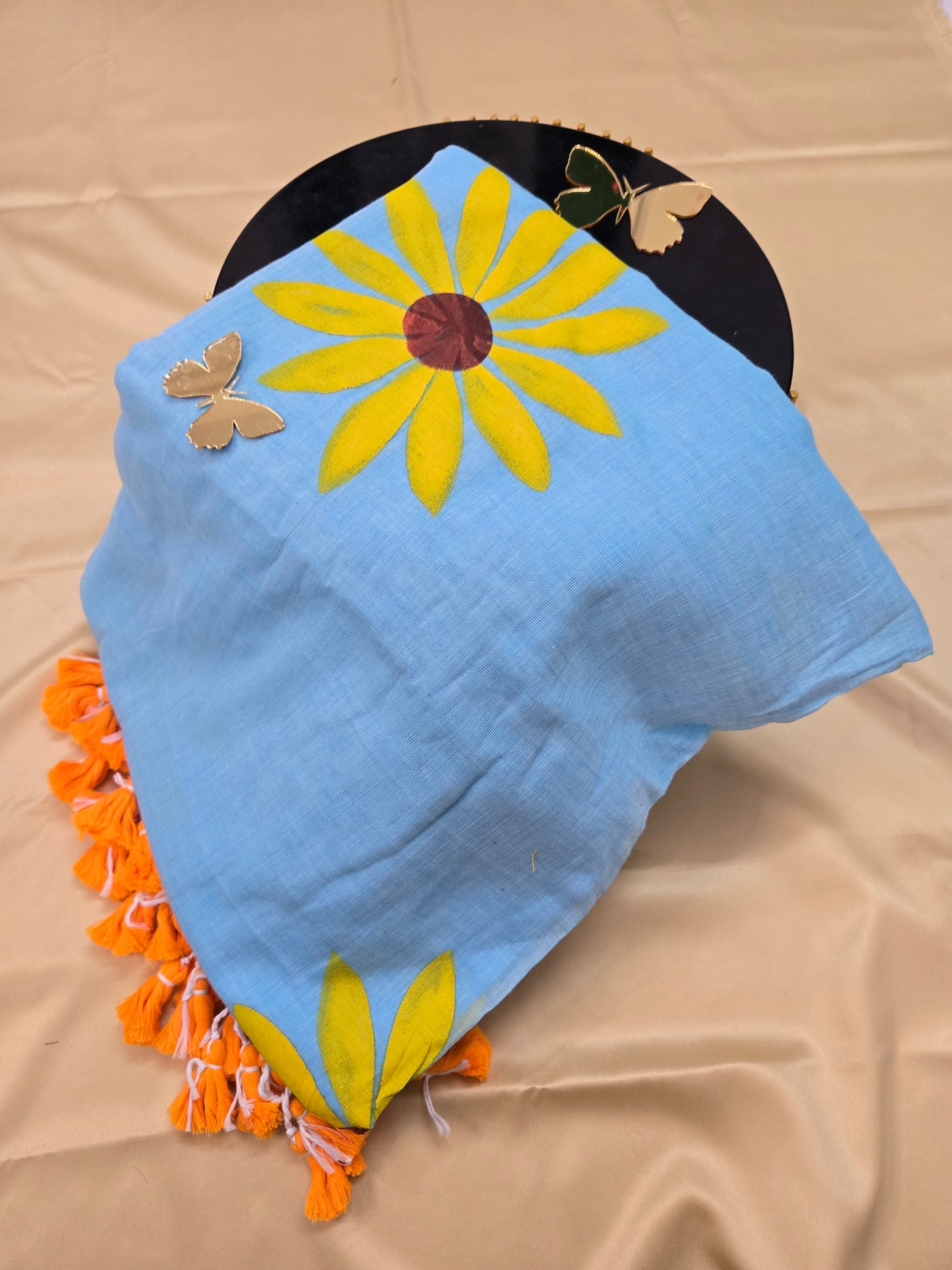 SunFlower Hand Painted Mulcotton Saree